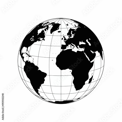 A simple monochrome illustration of a globe with continents in black a. The landmasses are clearly defined against the grid.