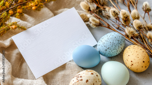 Decorated eggs and blank card arranged on a rustic table, capturing the spirit of spring celebrations and the creativity of crafting during festive moments