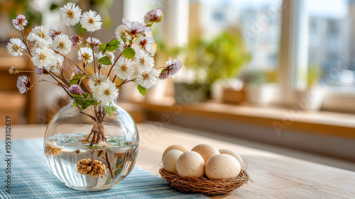 Springtime joy fills the room as a delicate vase of vibrant flowers sits beside a nest of speckled eggs on a sunny, inviting table