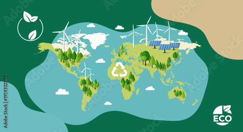 Global Green Energy and Sustainable World Map Illustration.