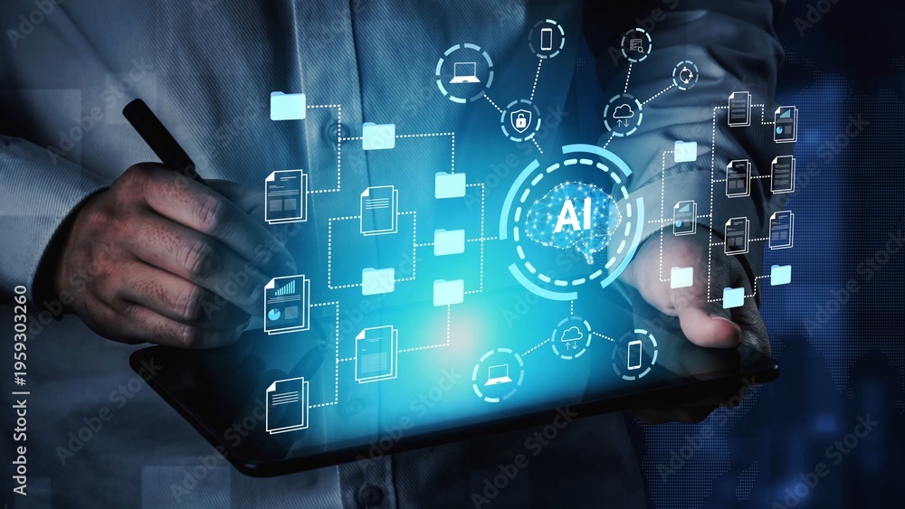 Fototapeta premium Business Professional Interacting with AI Technology, Using Tablet to Visualize Data Connections and Digital Innovations in Modern Workspace Environment Gluon.
