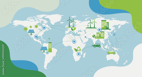 Global map illustrating renewable energy and sustainable development concepts.