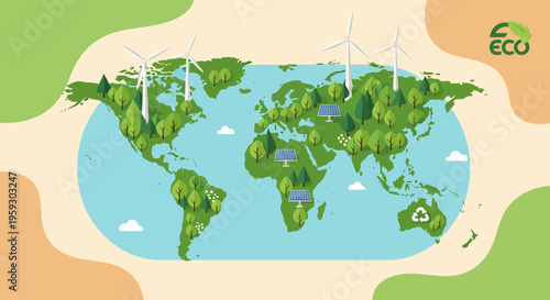 Global map of renewable energy and green initiatives.