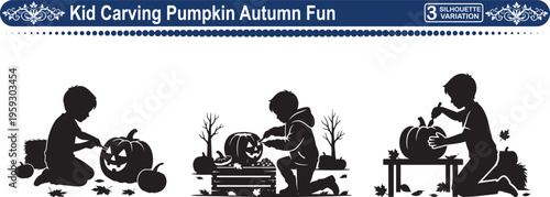 Kid Carving Pumpkin for Halloween, Concept of Autumn Fun, Family Activity and Holiday