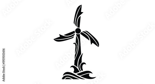 Stylized wind turbine with organic, plant-like blades and waves at its base