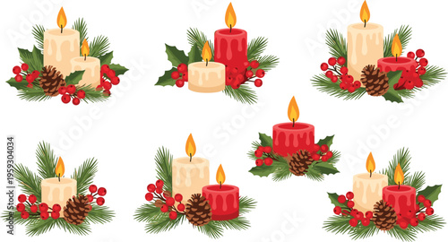 Vintage Hand Sketched Christmas Corner Border Vector Set Featuring Evergreen Fir Poinsettias Golden Bells and Candy Canes with Etched Texture for Holiday Graphic Designs