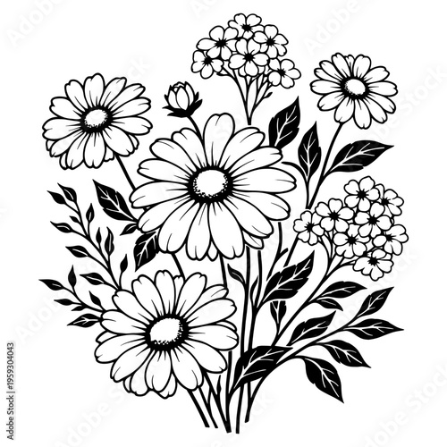 Wildflower Bouquet With Daisies And Floral Elements, Hand Drawn Meadow Flowers Arrangement, Spring Botanical Composition, Nature Line Art