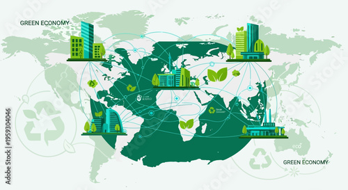 Green Economy Buildings and Industry on World Map.
