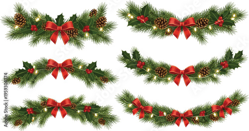 Vintage Hand Sketched Christmas Evergreen Bough and Arched Swag Vector Set Featuring Pine Branches Red Bows and Pinecones with Etched Texture for Holiday Graphic Designs