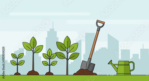 Growing Plants with Gardening Tools in Urban Environment.