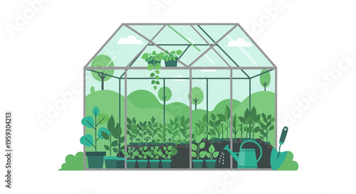 Greenhouse filled with lush green plants and trees.