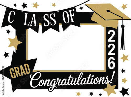 Photo booth props frame, minimalist graduation party decoration with hats banners and fun photo elements for school ceremony and celebratory photos.