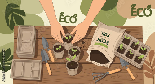 Hands planting seedlings in biodegradable pots with soil.