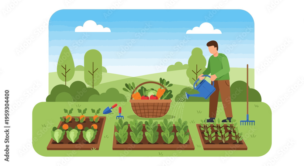 Fototapeta premium Man watering plants in a garden with fresh produce.