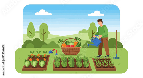 Man watering plants in a garden with fresh produce.