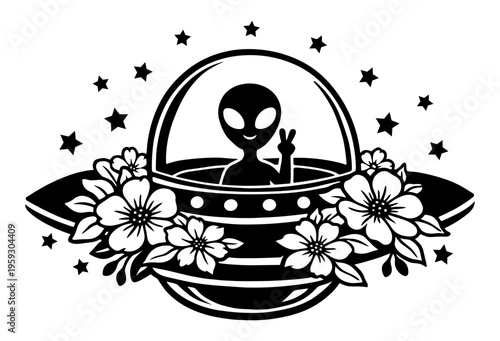 Cute Alien In UFO Spaceship Surrounded By Flowers And Stars, Extraterrestrial Peace Sign Illustration, Sci-Fi Floral Graphic Art