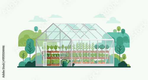Modern Greenhouse Cultivation with Rows of Plants.
