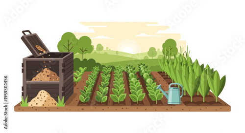 Organic Garden With Compost Bin And Watering Can.