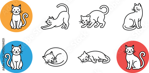 Minimalist cat icon set featuring various poses such as stretching sleeping and sitting with colorful circle backgrounds,