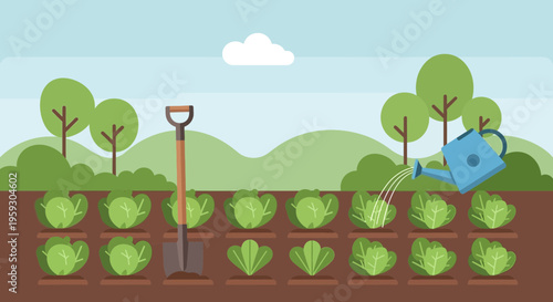 Rows of Fresh Cabbage Plants Growing in a Garden.