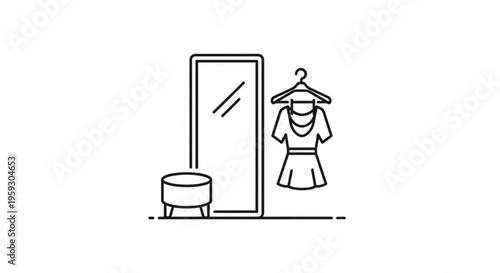 Woman's clothing hanging on rack beside full length mirror and stool in dressing room with white background