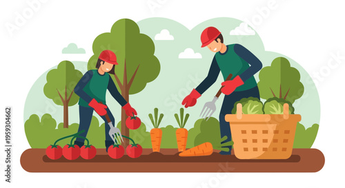 Two people gardening and harvesting fresh vegetables together.