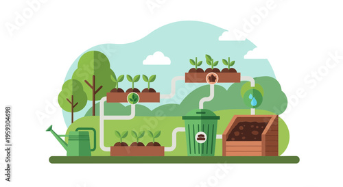 Sustainable urban farming system with composting and irrigation.