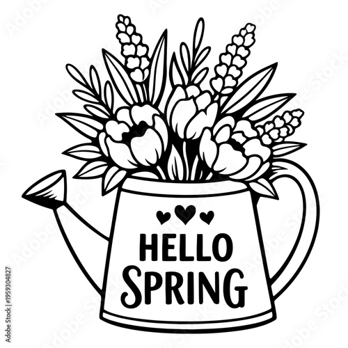 Hello Spring Illustration With Beautiful Blooming Tulips And Lavender In A Vintage Watering Can, Floral Garden Decoration Design