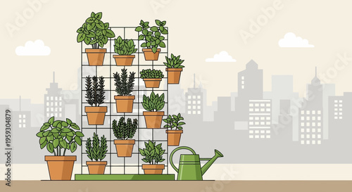 Vertical Garden with Various Potted Plants and Watering Can.