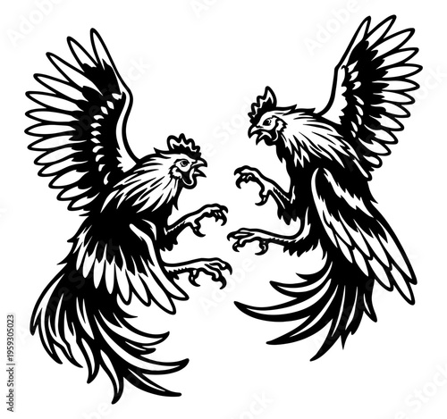 Traditional Cockfighting Illustration Featuring Two Aggressive Roosters In Battle, Fierce Gamefowl Combat Scene With Spread Wings