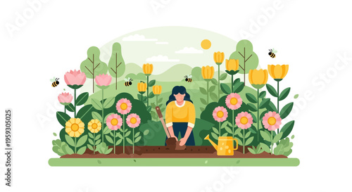 Woman tending to vibrant garden with blooming flowers and bees.