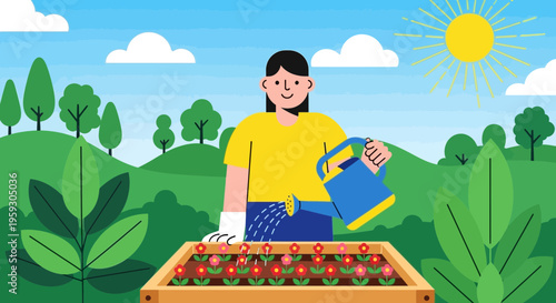Woman watering plants in a garden bed.