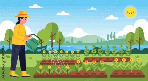 Woman watering plants in a garden on a sunny day.