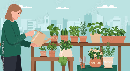 Woman watering plants on balcony urban garden.