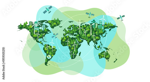 World Map Illustration with Lush Green Vegetation and Blue Water Elements.