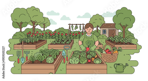 Young person tending to a bountiful organic garden.