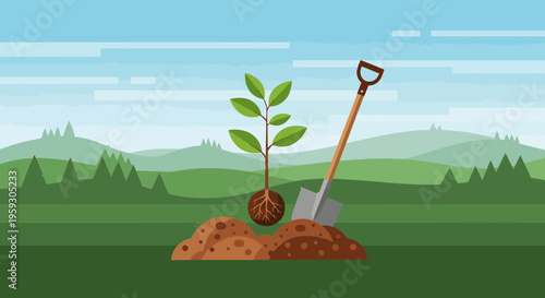 Young sapling plant with shovel in soil.