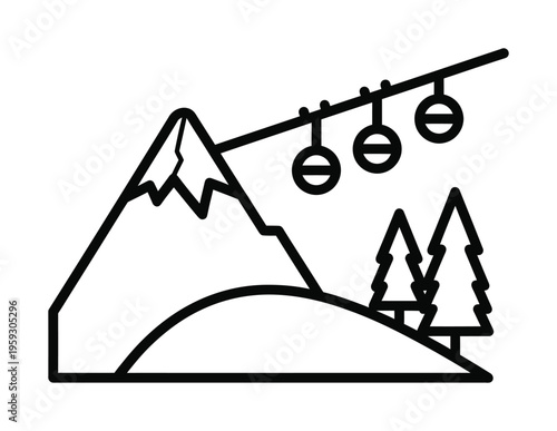 Vector of a mountain with trees and a ski lift carrying three people