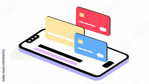Multiple colorful credit cards appearing above a smartphone screen represent digital payment processing and online banking services.