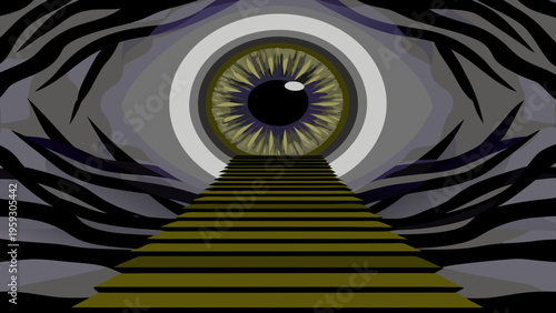 A mysterious and surreal large eye with a detailed iris and pupil watches from the end of a dark, abstract staircase in an enigmatic setting.