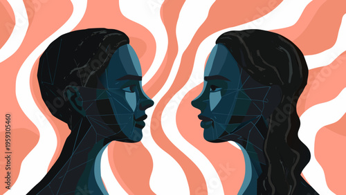 Stylized digital profiles of two people facing each other, depicting connection, communication, or a modern conceptual interface.