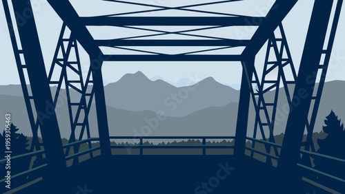 A serene journey through a sturdy metal truss bridge offering a majestic view of distant layered mountains and a tranquil forest landscape.