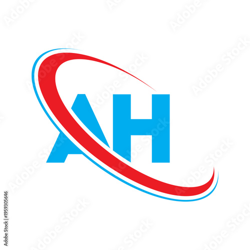 Ah logo with abstract red and blue curved lines concept. Ah logo featuring dynamic red and blue swirls, abstract modern graphic, business emblem, unique branding symbol, clean design