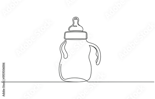 Continuous single line drawing of baby bottle with handle and nipple, minimal modern contours.