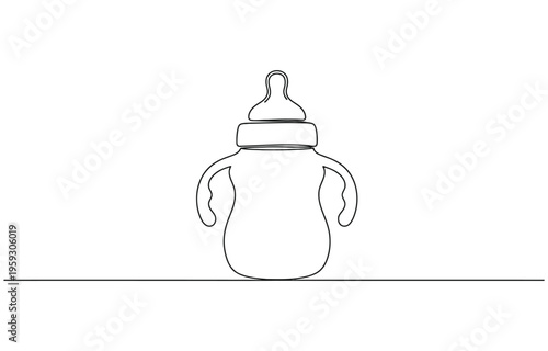 Continuous single line drawing of baby bottle with handle and nipple, minimal modern contours.
