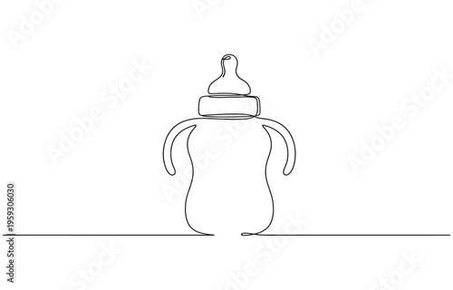 Continuous single line drawing of baby bottle with handle and nipple, minimal modern contours.