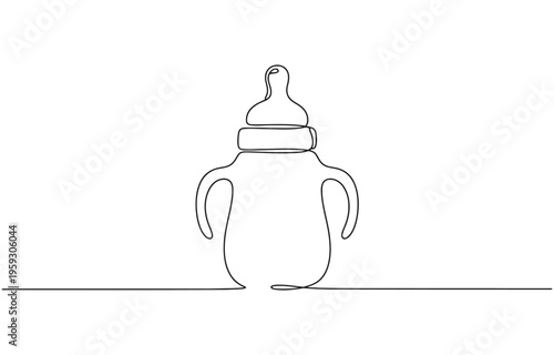 Continuous single line drawing of baby bottle with handle and nipple, minimal modern contours.