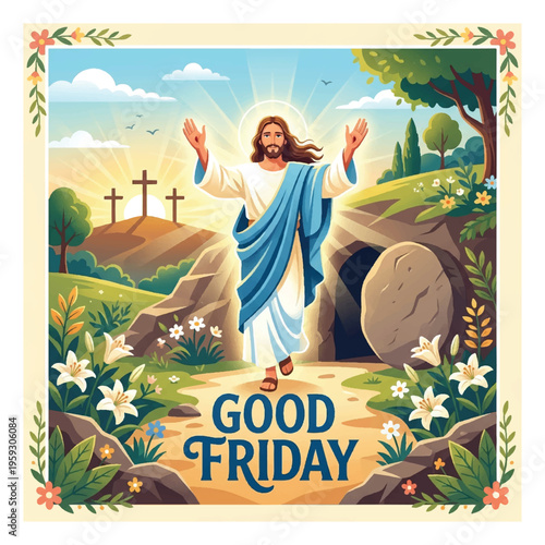 Jesus Christ Resurrection from Tomb Illustration with Good Friday Text, Easter Sunday Miracle Concept, Calvary Hill Crosses and Spring Floral Background