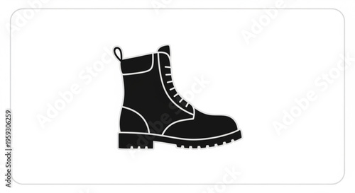 Black combat boot with white outline and laces on white background
