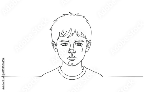 Continuous one line drawing of a melancholic young boy sitting in deep contemplation.